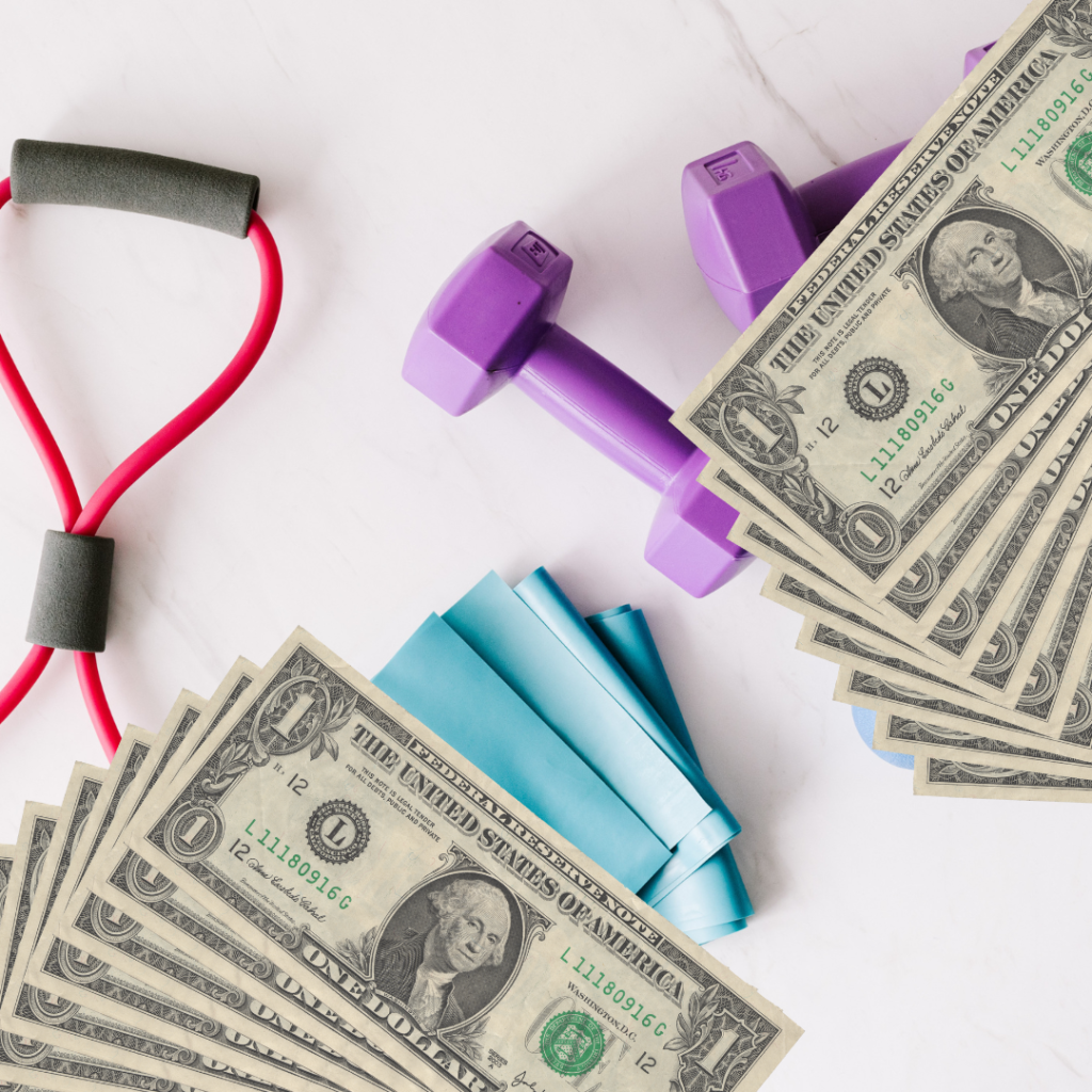 How to make money in fitness? Fitness accessories and many one dollar banknotes.
Source: Canva
