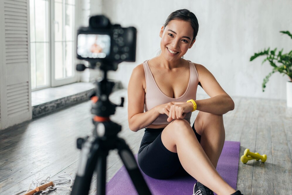 A smiling personal trainer recording a training session.
Source: Freepik