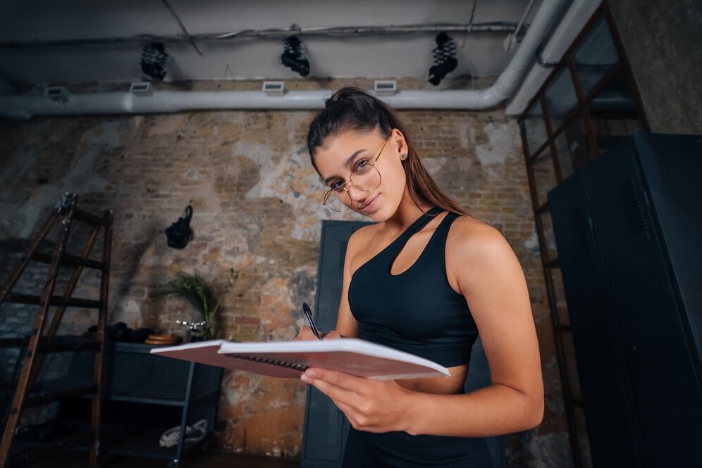 A young fitness woman writing notes connected with her plan for a fitness business.