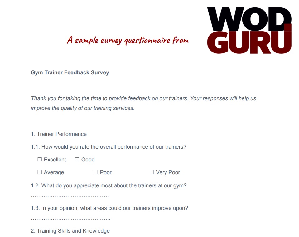 A sample fitness questionnaire about gym trainer