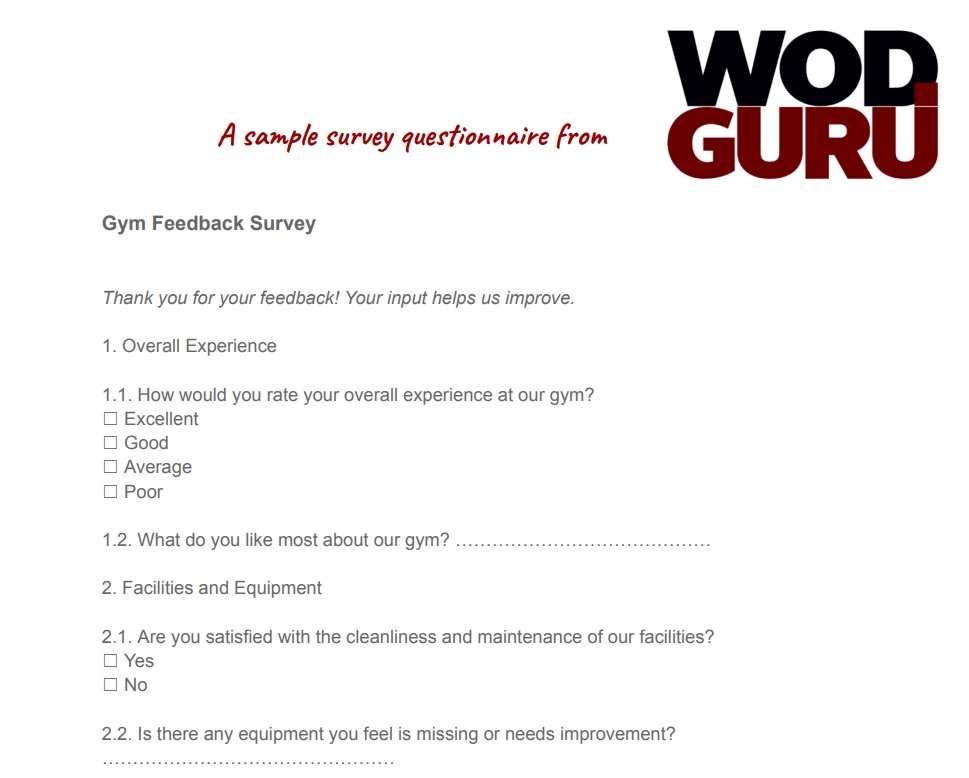 A sample fitness questionnaire about the overall impression