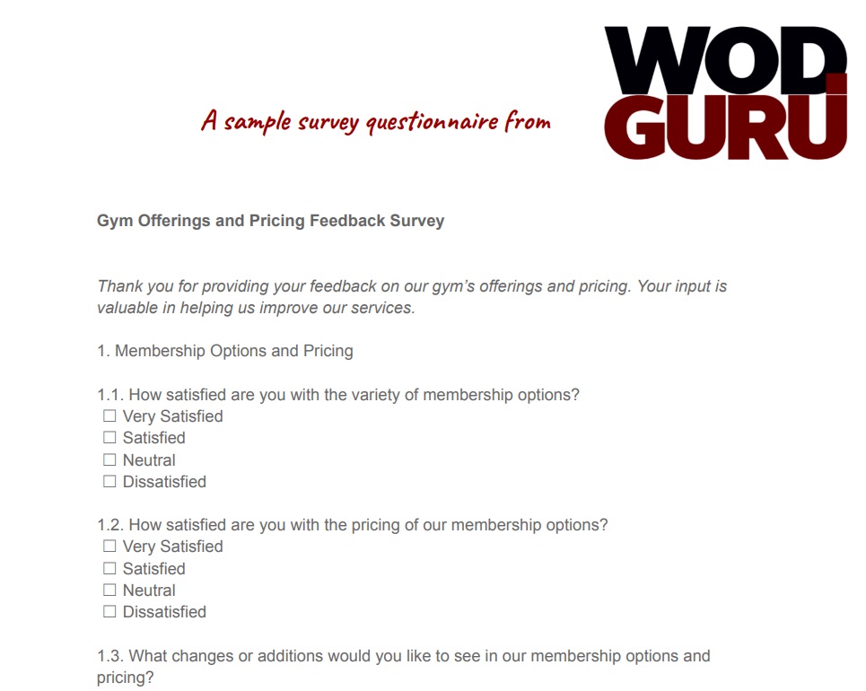 A sample fitness questionnaire about gym offer and pricing