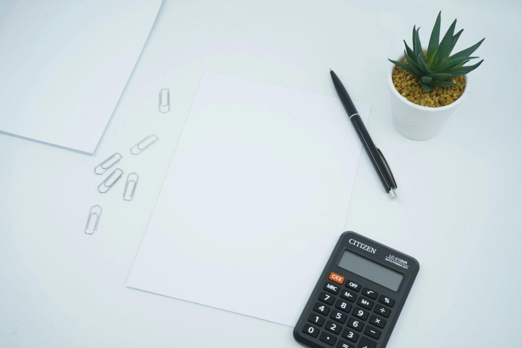 Counting income-outcome in yoga business, with a small cute cacti as a table decoration.