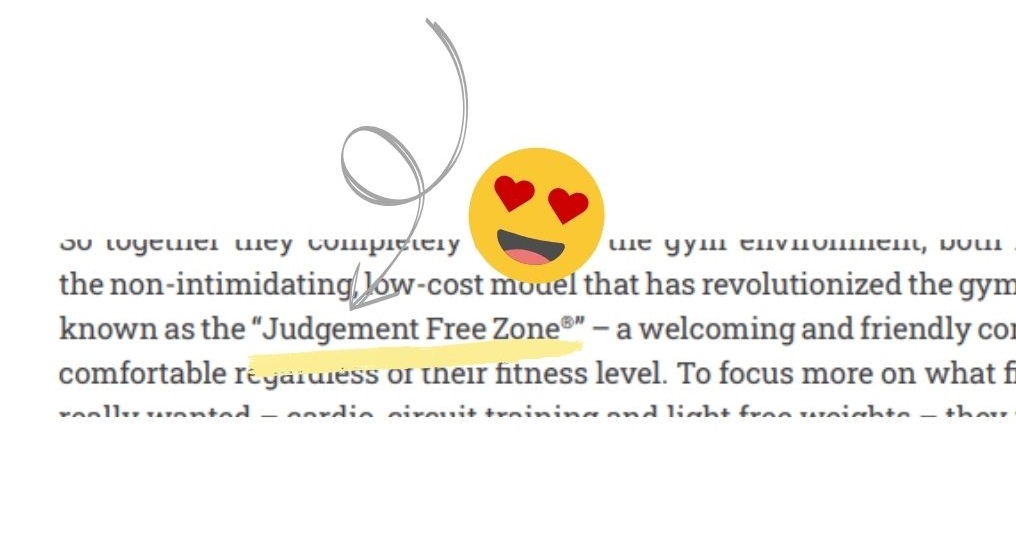 Planet Fitness website content, describing Judgment-Free Zone®