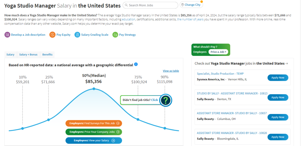 Yoga studio manager salary in US 