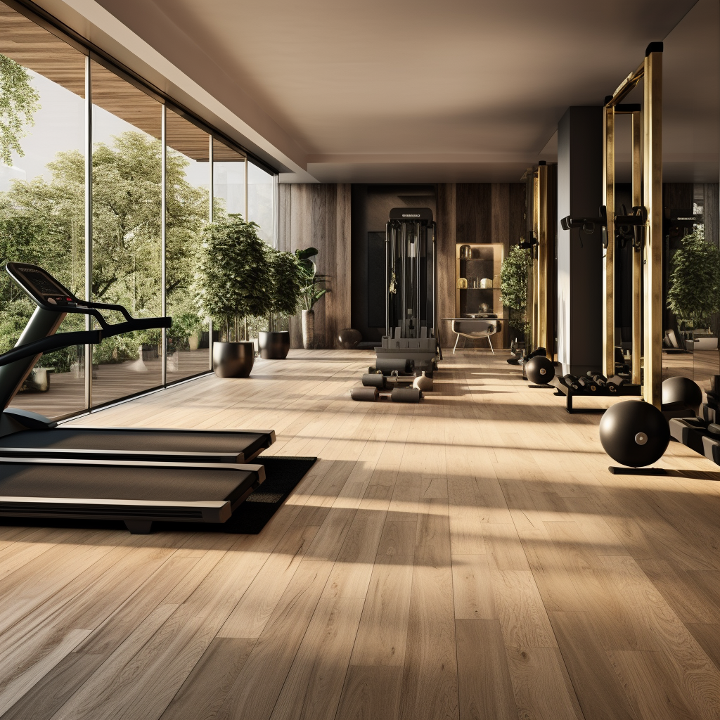 Interior of a serene indoor gym with many natural elements and a nice green view.