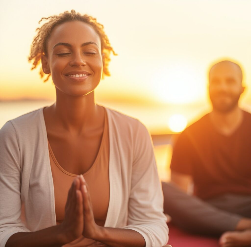 A yoga teacher in a sunset scenery.