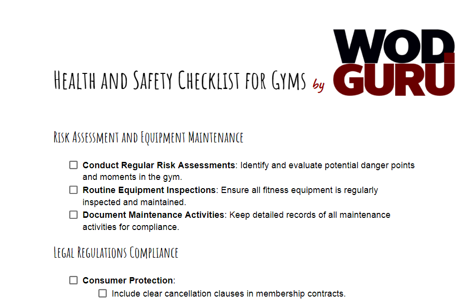 Gym health and safety downloadable checklist.