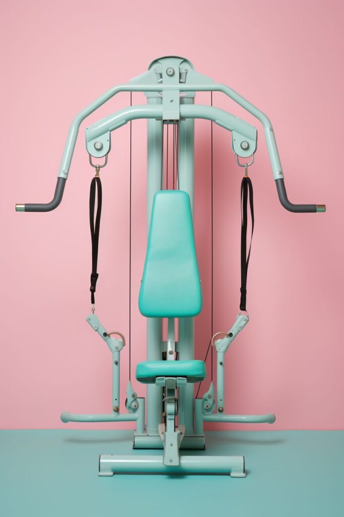 Exercise equipment in pastel colors.