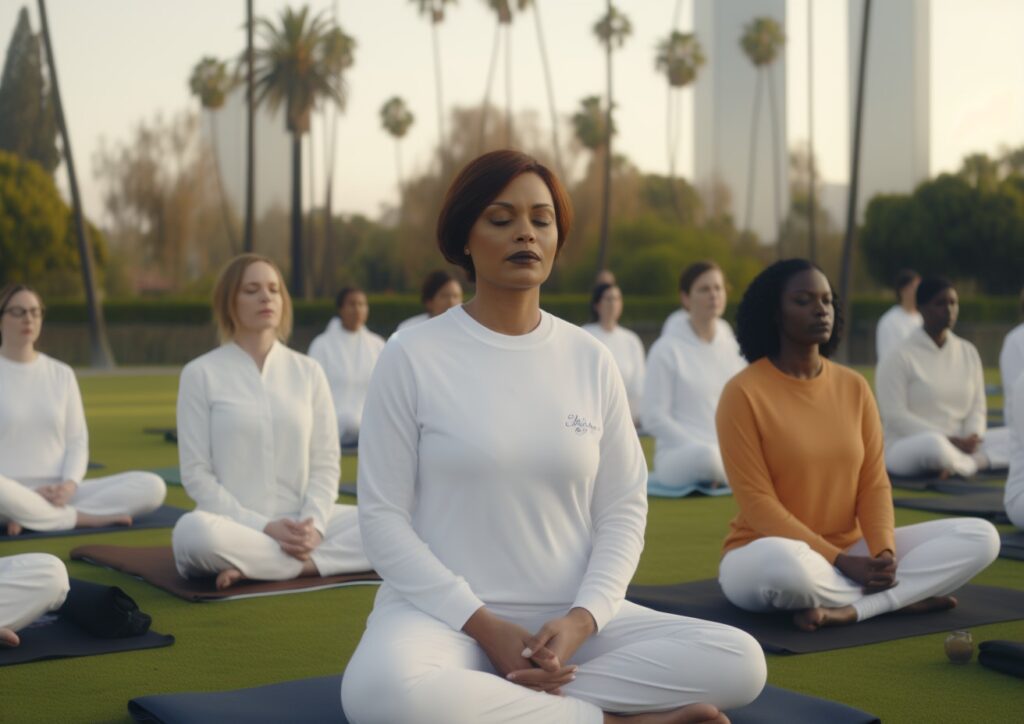 Yoga teacher at work, conducting a meditation in a park.