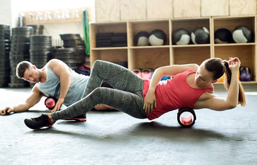 Recovery zone with stretching gym equipment.