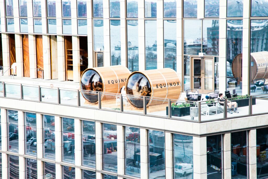 Sauna barrels in Equinox fitness club terrace.