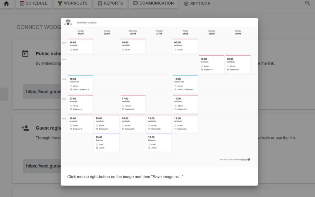 Class schedule as CrossFit marketing idea