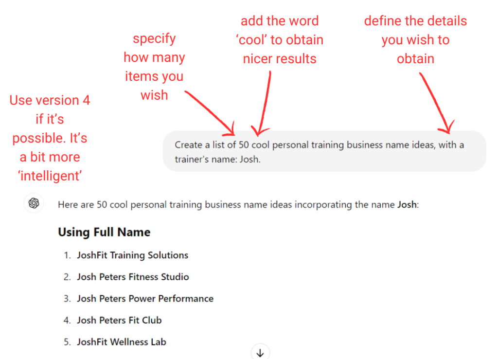 Way to generate personal trainer business name ideas with ChatGPT.