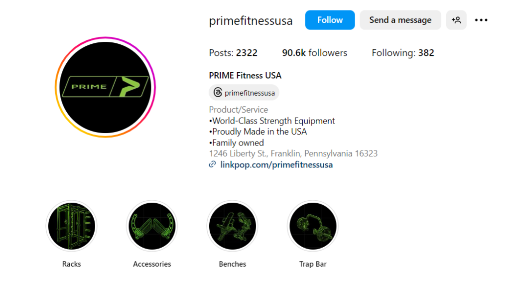 PrimeFitness company description on social media - short and concise.