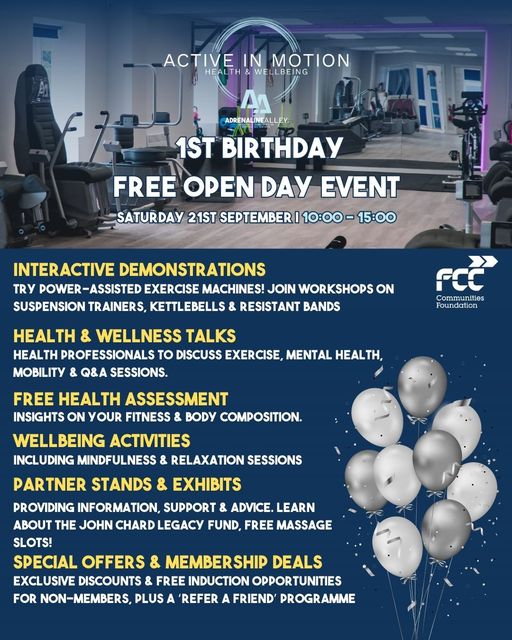 Gym anniversary idea: interactive demonstrations and free health assessment.