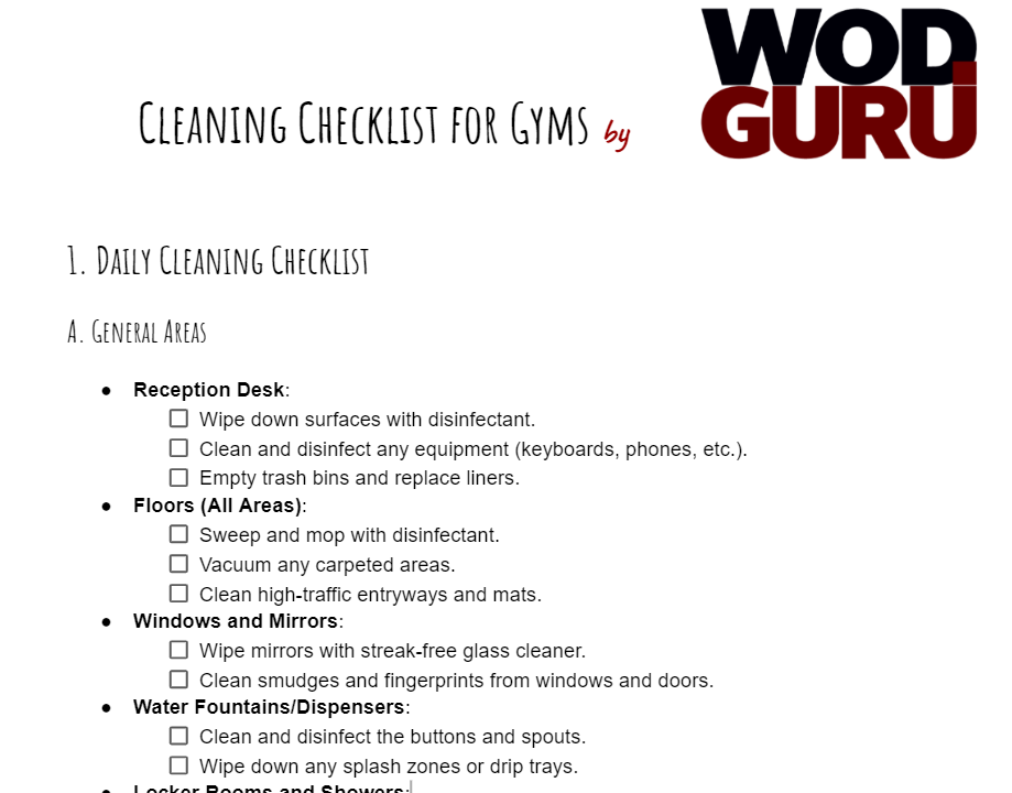 A downloadable checklist contains all the important issues: cleaning gym floors, workout equipment and exercise machines.