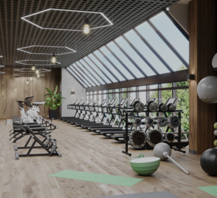 A luxurious fitness center with outstanding lighting ideas.