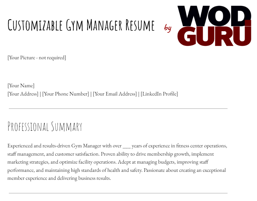 Fitness industry manager resume to download and customize.