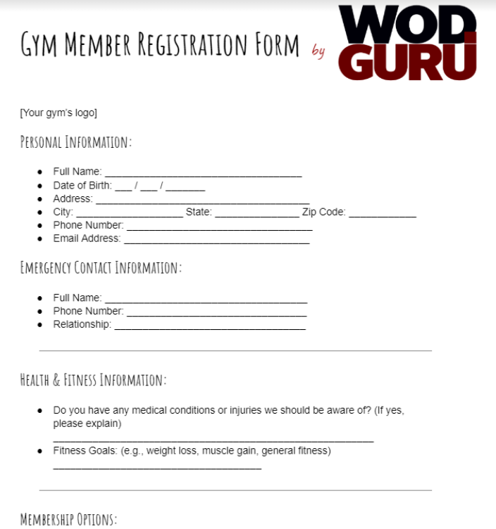 Downloadable gym registration form.