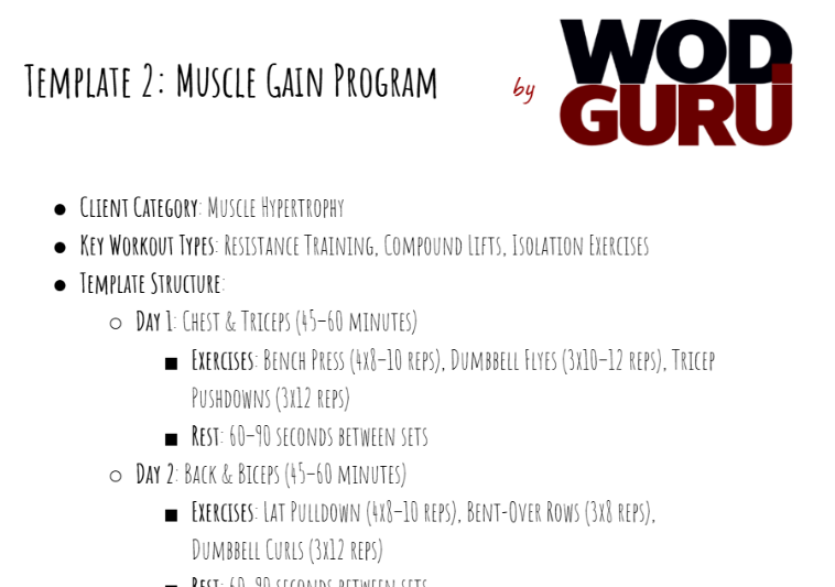 Personal training template number two - muscle mass gaining program.