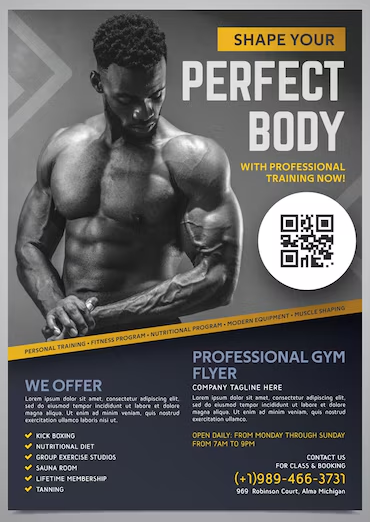 An example flier of what a personal trainer offers with contact data.