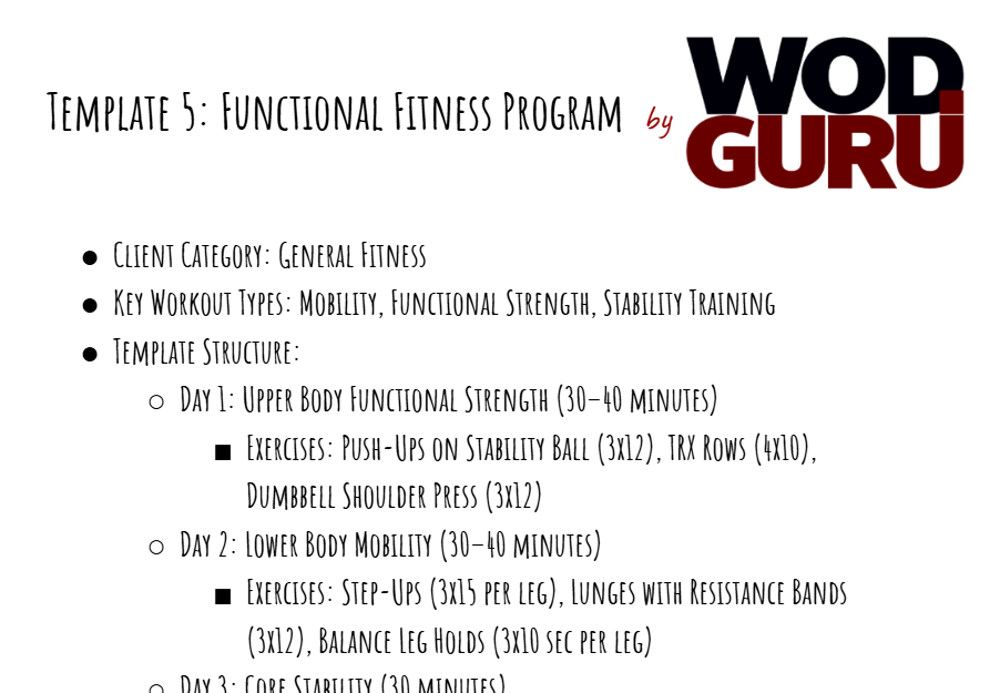 One of the workout templates applicable to functional fitness training.