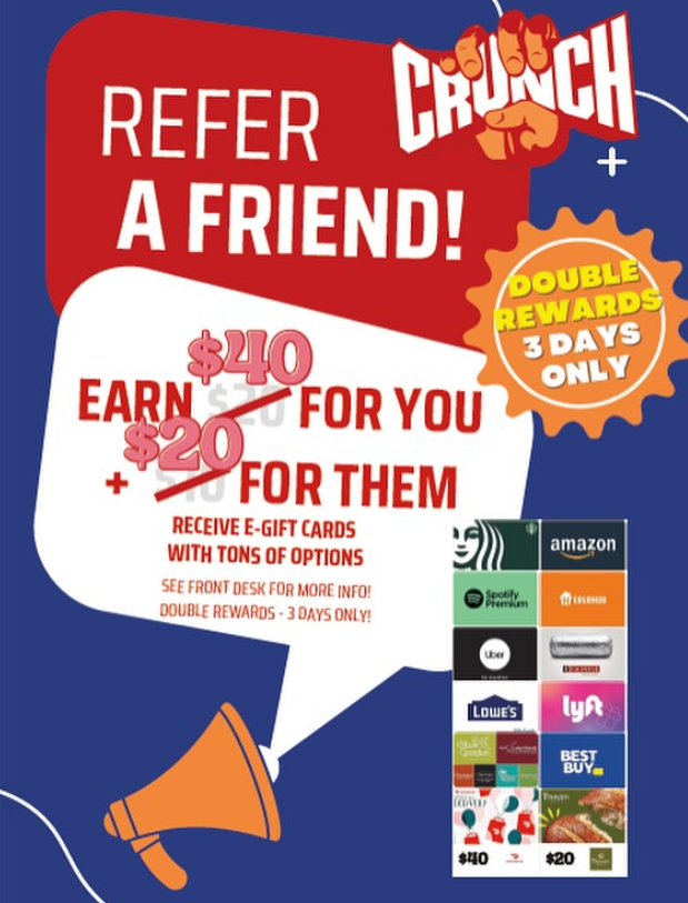 Refer a friend and earn - example of a referral program by Crunch Fitness. Source: Crunch Fitness Instagram.