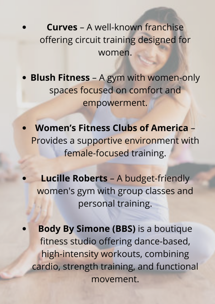 There are some ladies only fitness brands. Find them and get inspired by their work: Curves Workout, Flush or Body by Simone.