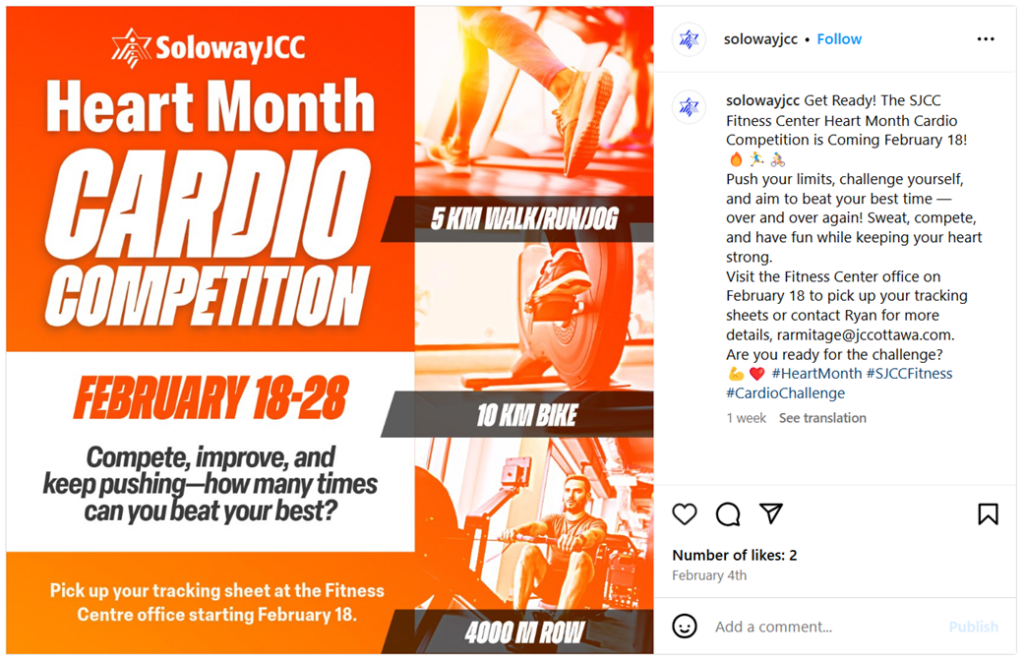 Cardio competition organized by SolowayJCC aims to encourage members to cardio workout development. Source: SolowayJCC Instagram.