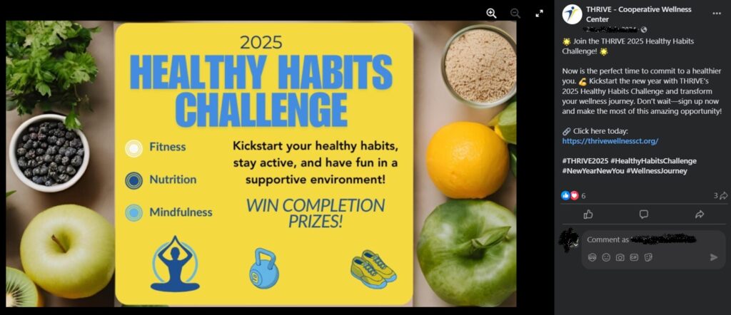 Healthy meal prep and good habits challenge with prizes. Source: Thrive Wellness Center Facebook.