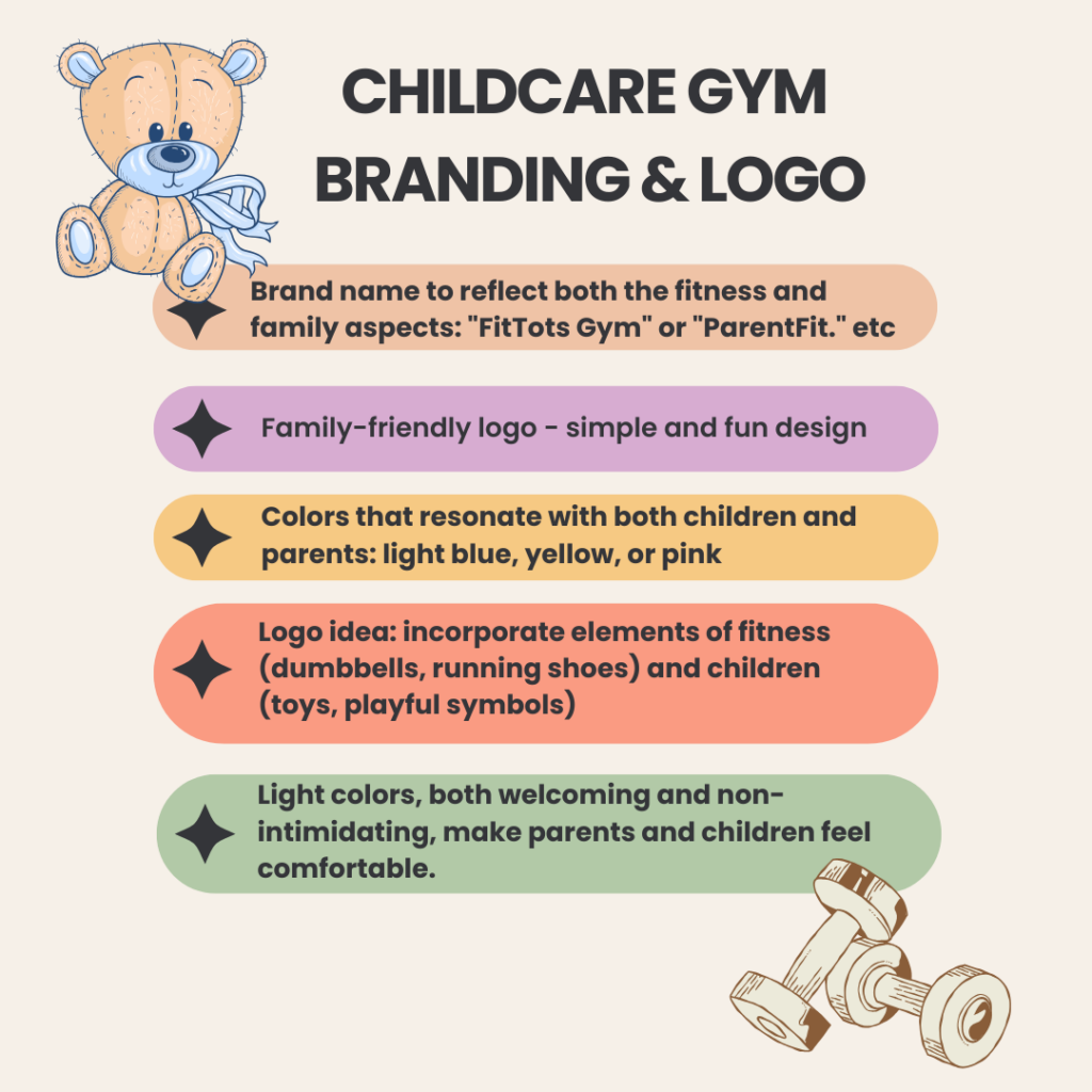 How to brand a fitness childcare facility - what word to use as a name of a workout-babysitting business, and colours to describe the atmosphere.