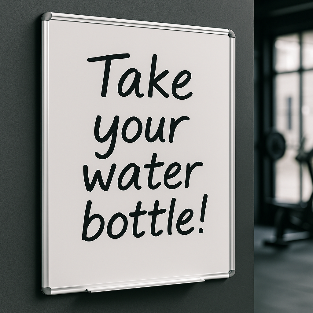 The content of a gym whiteboard may be a short reminder for members to stay hydrated.