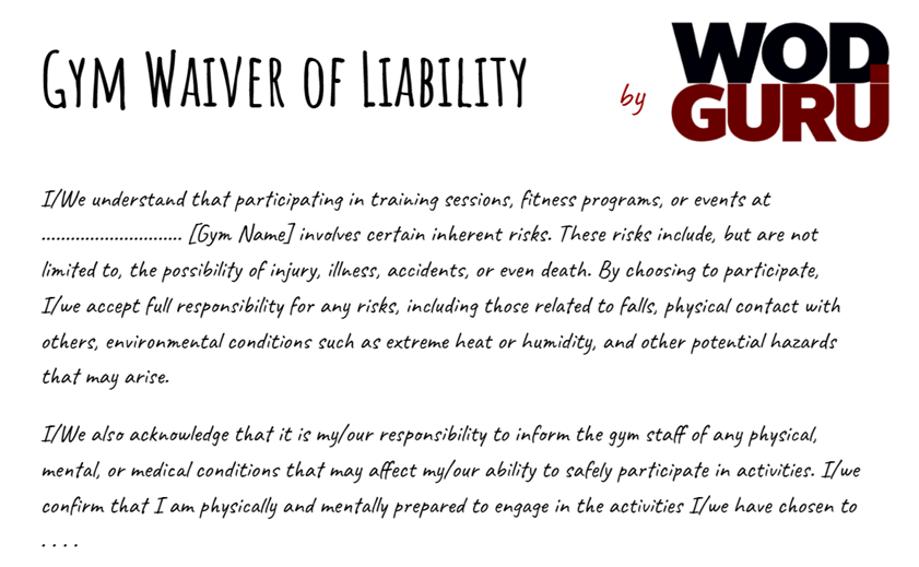 Free fitness liability waiver for downloading and printing.