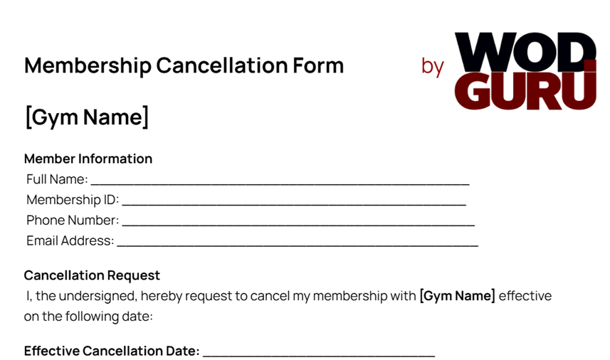 Downloadable gym membership cancellation form by WodGuru.