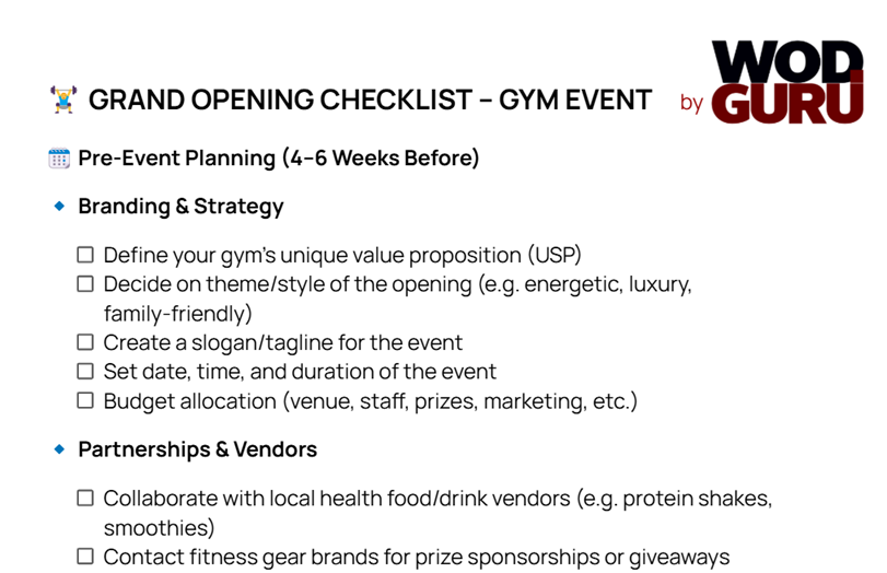 Gym Grand Opening Checklist by WodGuru.
