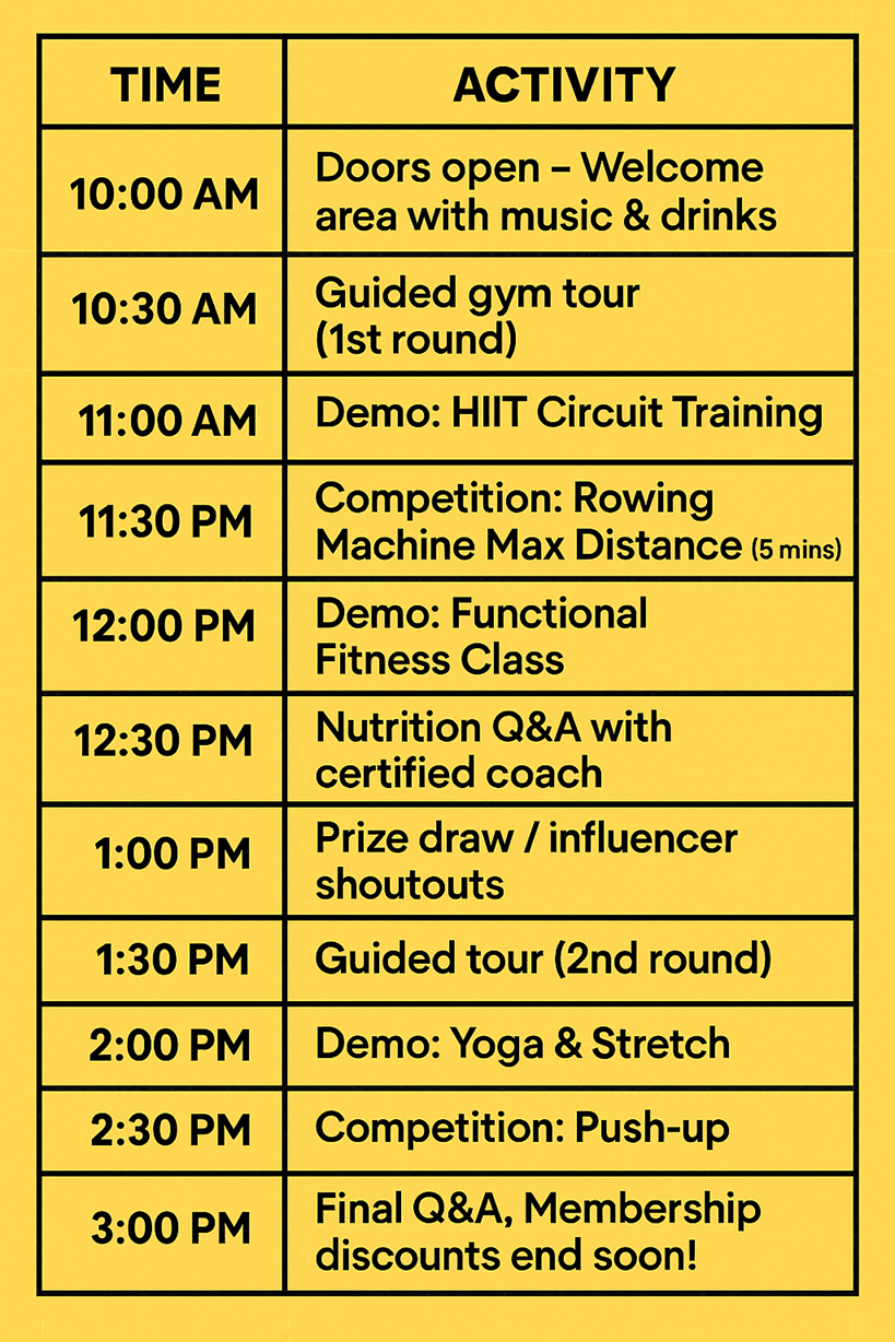 Grand opening event example timetable.