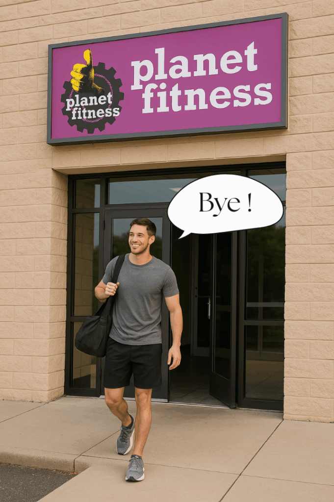 A member leaving Planet Fitness gym, must have been there in person because of lack of online cancellations.