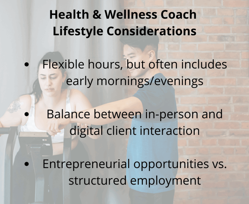 Like a personal trainer, a health and wellness coach may have specific work conditions - check if this is a good work for you with your time management and clients with different needs and access possibilities.