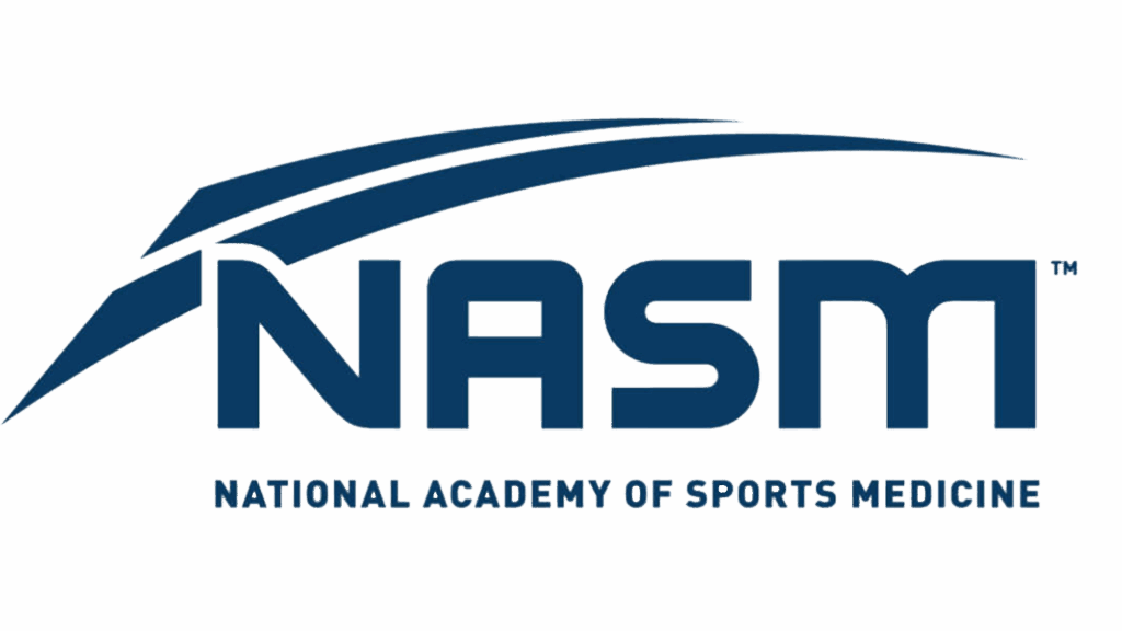 Logo of the National Academy of Sports Medicine - it’s an organization that trains and examines group fitness instructors, sports nutrition specialists, personal training coaches and other fitness industry professionals. Source: stroops.com