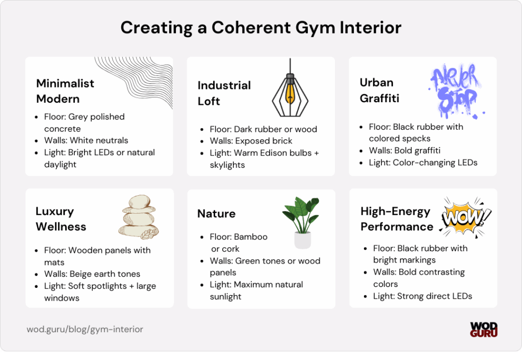 Choose your gym design: nature for yoga studio or health related space, high energy for cardio room, urban graffiti for a young team.