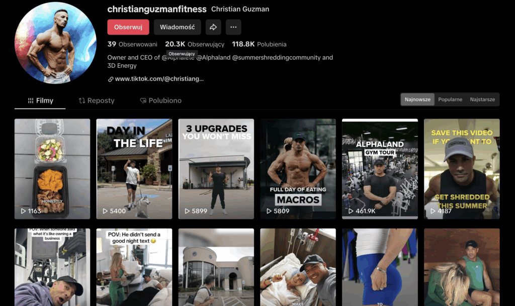 Christian Guzman is a long-standing and influential figure in the fitness industry, known for sharing his personal training journey, insights into his successful business ventures (like Alphalete and Ghost), and powerful motivational content. He consistently inspires his audience to build a fit and entrepreneurial lifestyle. His dedication to both fitness and business is a key draw.