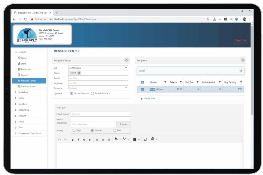 BlackBelt CRM desktop screenshot - here: message center.