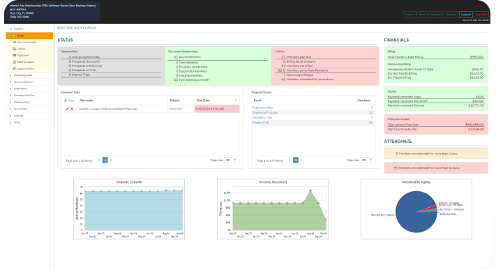 Black Belt Membership martial arts software desktop - a bit complicated but useful with its student base and automated repetitive tasks.