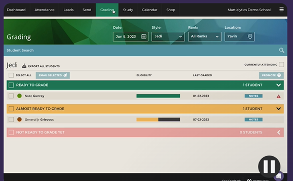 Marialytics desktop: key features of a dojo management software should save hours and allow instructors to fully engage in personal attention to the members, here: grading.