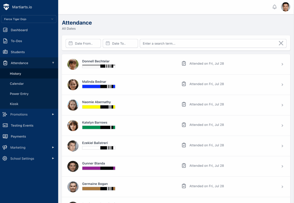 Screenshot of MartialArts.io tracking attendance module.
