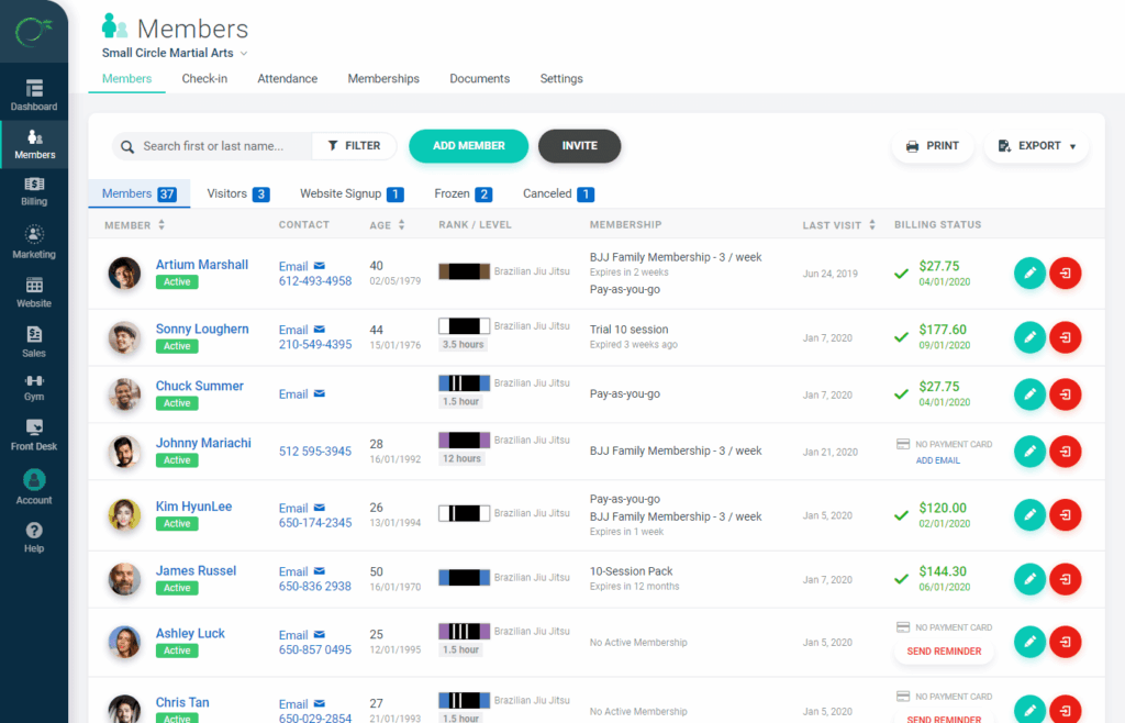 Gymdesk digital platform screenshot, here: membership management.