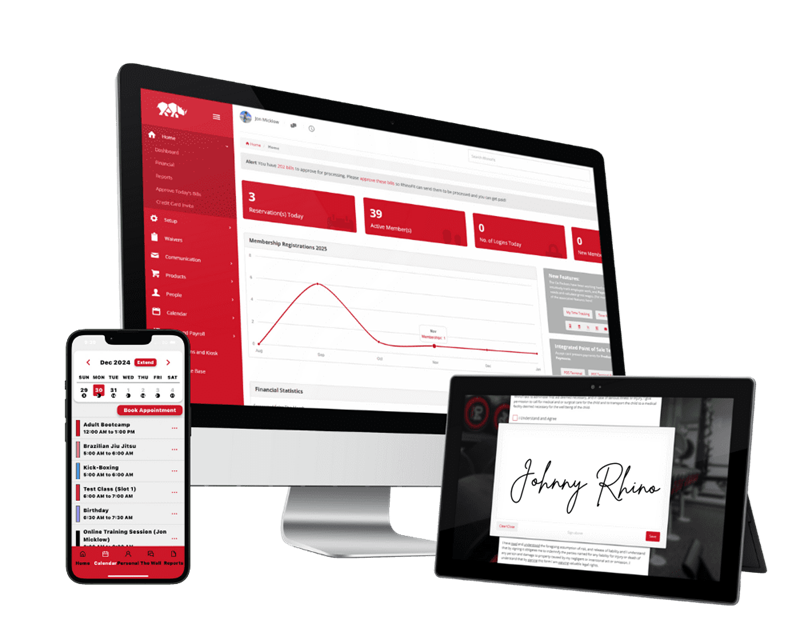 RhinoFit desktops - this system tracks attendance and contains retail and business reporting tools.