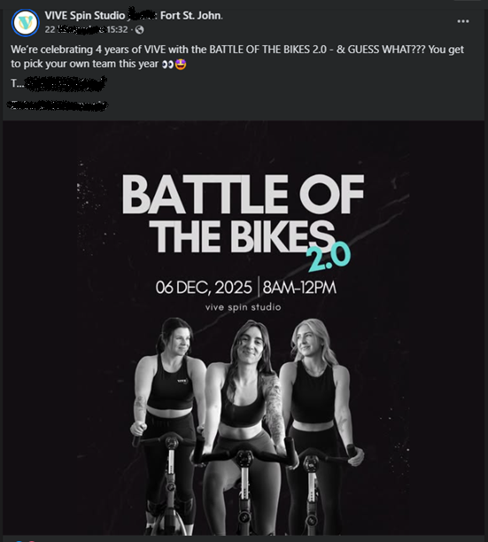 Promote spin classes via social media. Example: Vive Spin Studio, source: Facebook.