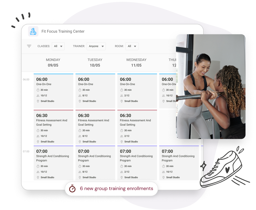 Weekly workout plan in a barre business software scheduling module.